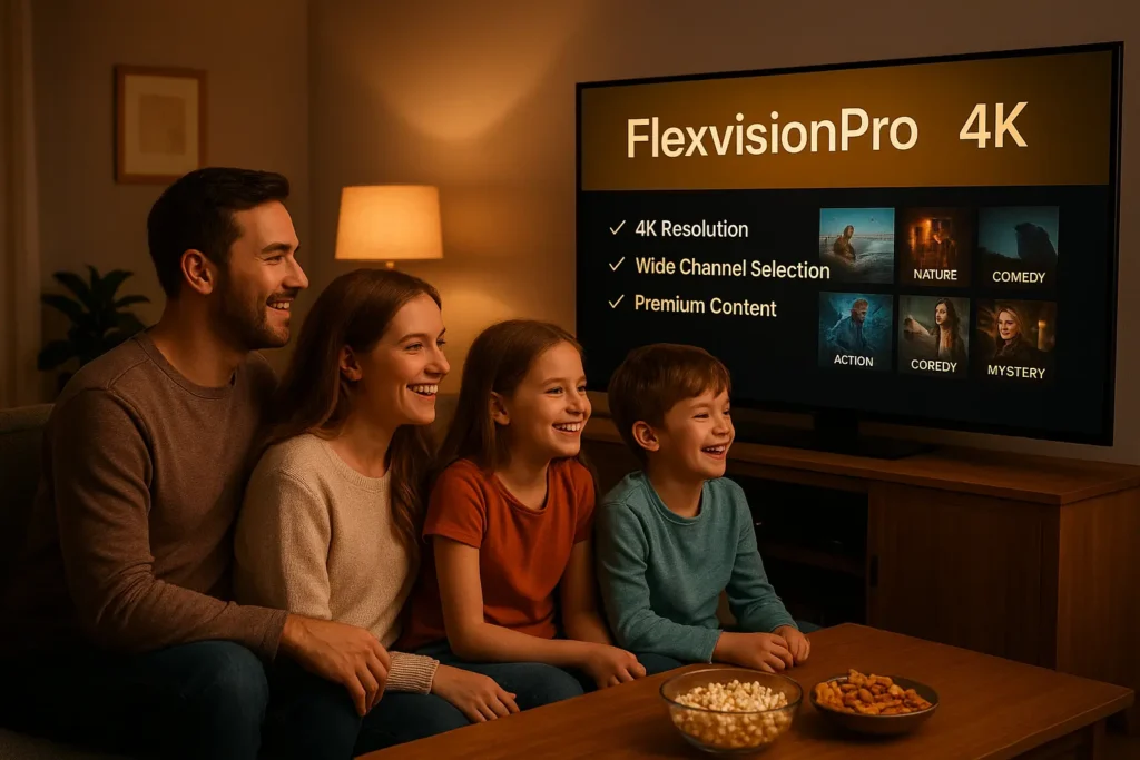 Family enjoying movies in 4K using the best IPTV provider FlexvesionPro at home.
