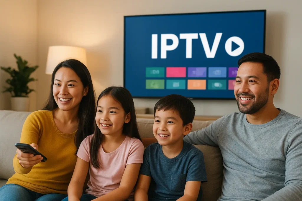 family watching tv using mom iptv service