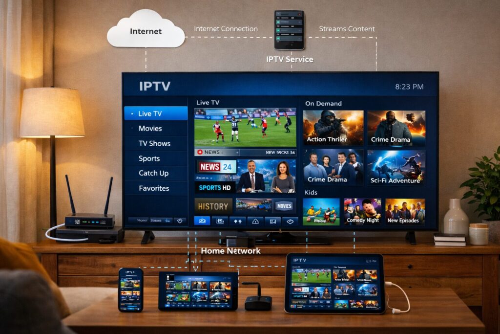 Home entertainment setup illustrating how IPTV content is streamed over the internet