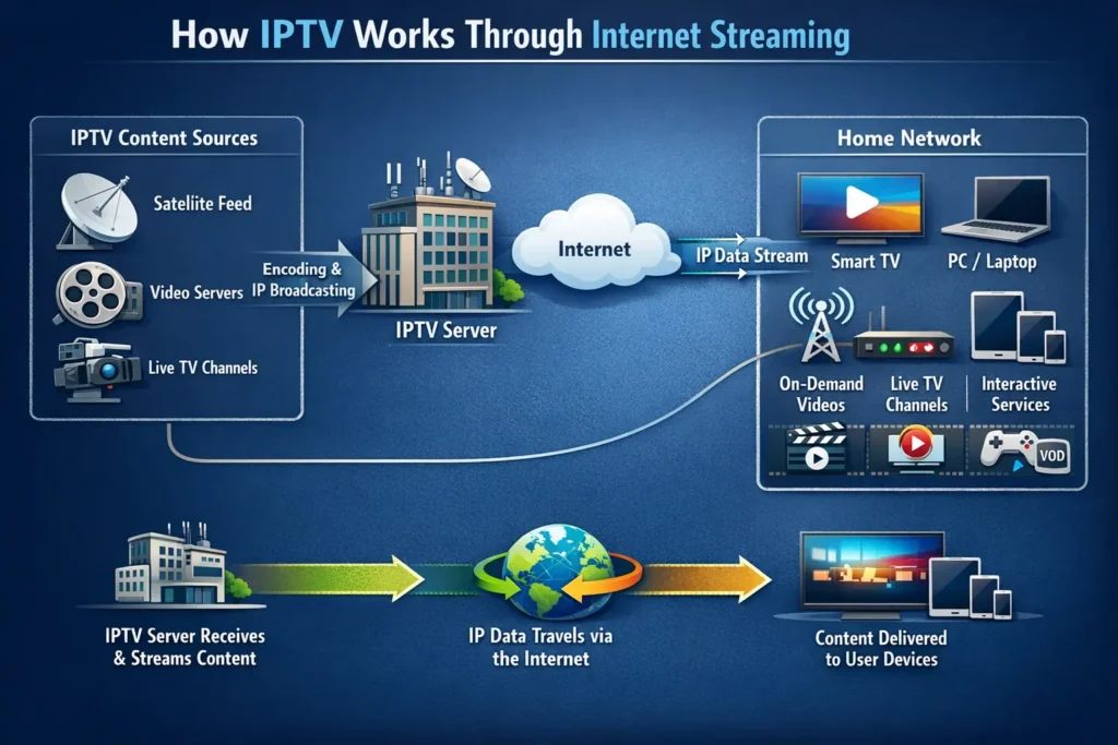 Diagram showing how IPTV works through internet streaming