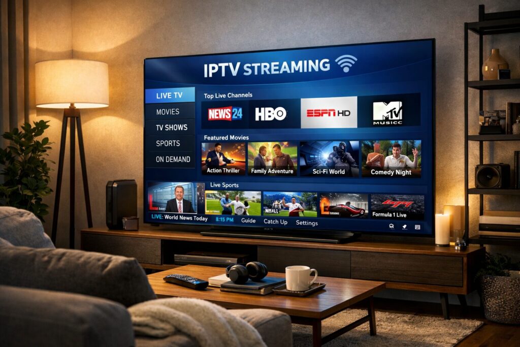 Modern living room watching IPTV Ireland on smart TV