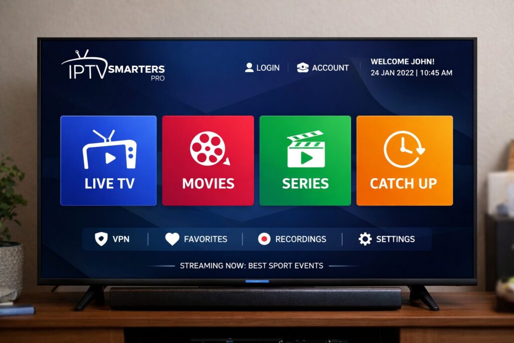 Home entertainment setup with smart TV streaming iptvuk channels through an internet connection.