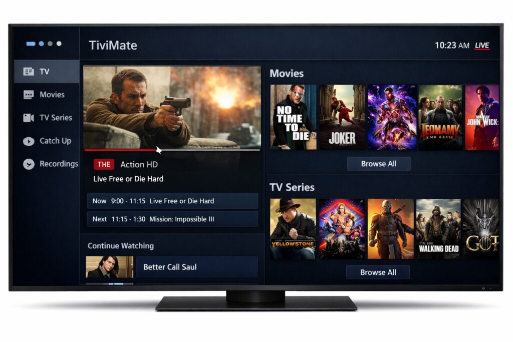 TiviMate IPTV player interface displaying live TV movies and series