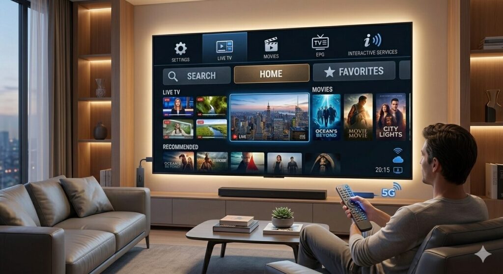 iptv app on a streaming device connected to a modern smart television