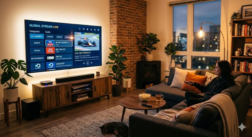 premium iptv interface showing live tv channels and movies